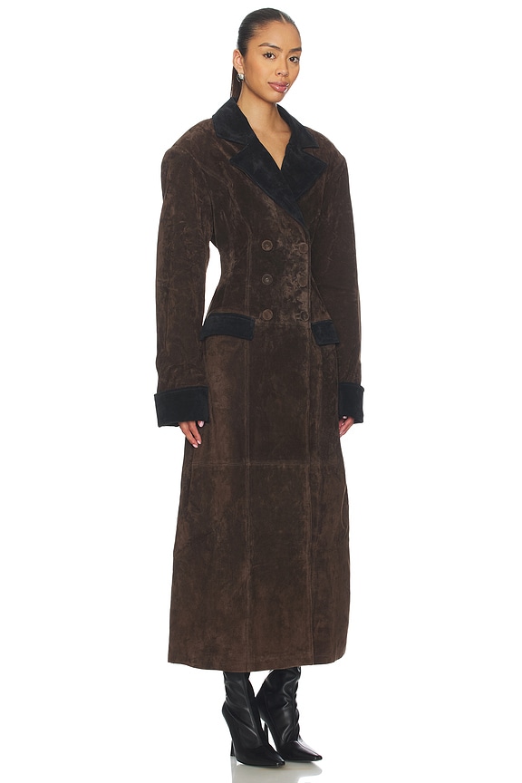 view 2 of 3 x Premium Double Breasted Suede Coat in Chocolate Brown & Black