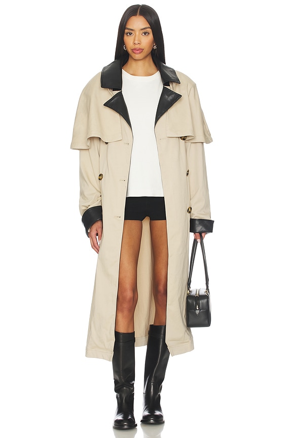 view 2 of 4 Vegan Leather Trim Trench Coat in Taupe & Dark Brown