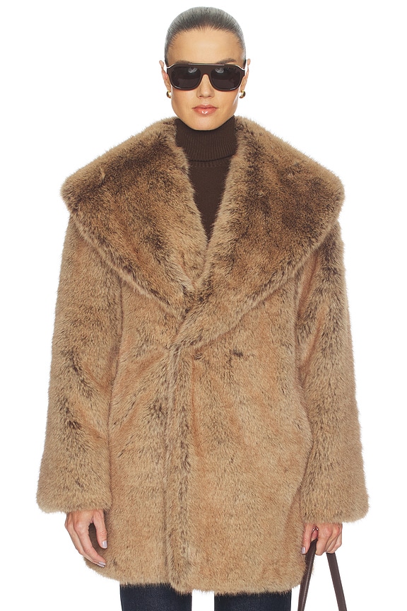 view 2 of 5 Shawl Collar Faux Fur Coat in Brown Multi