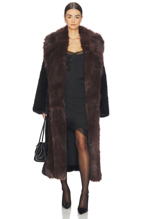 view 1 of 4 Faux Fur Belted Jacket in Black & Dark Brown