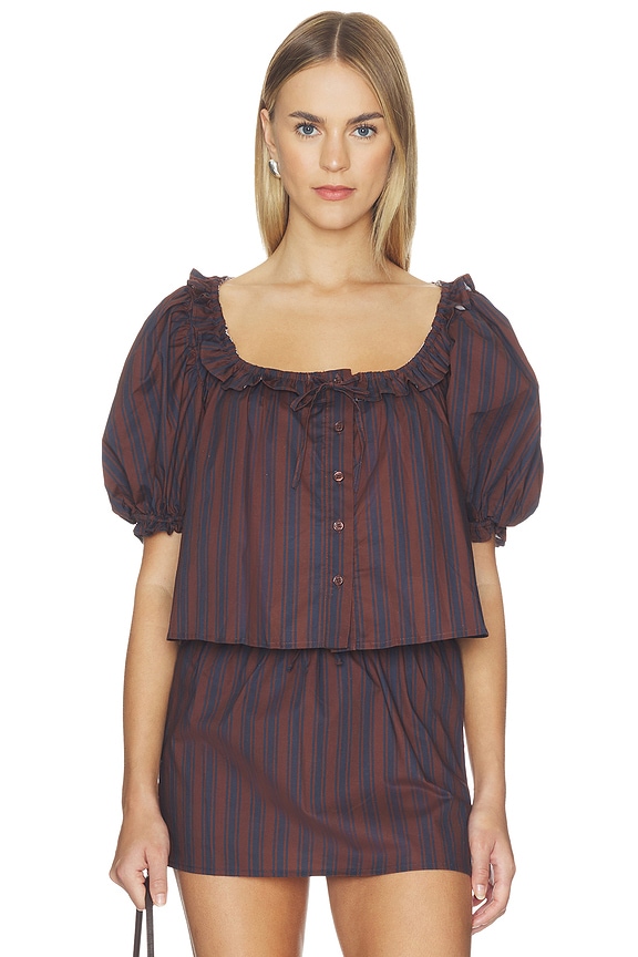view 1 of 4 Puff Sleeve Button Up Top in Brown & Navy
