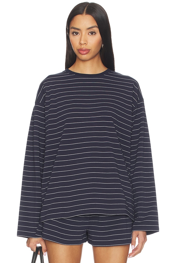 view 2 of 5 Long Sleeve Boxy Shirt in Dark Navy & Ivory
