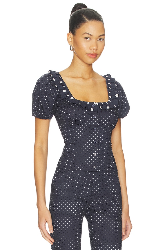view 2 of 5 Ruffle Button Up Top in Navy & White