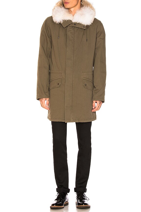 view 2 of 4 Cotton Parka with Rabbit and Coyote Fur in Hunter Green & Oil
