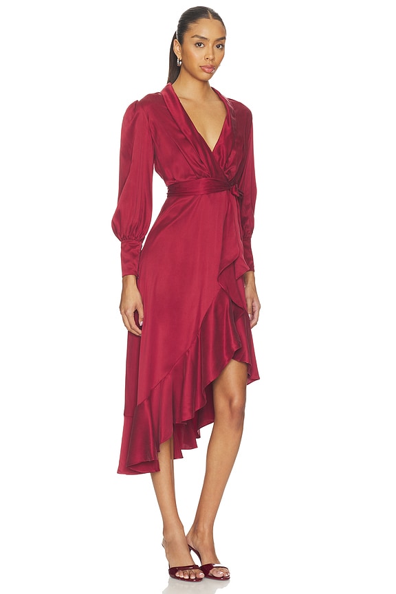 view 2 of 3 Petite Silk Wrap Midi Dress in Burgundy