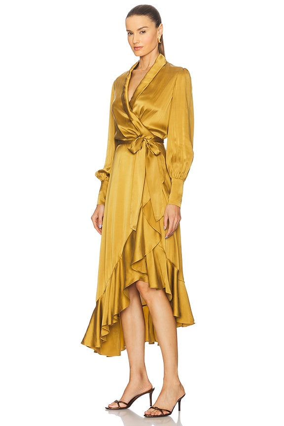 zimmermann asymmetric ruffled silk-satin midi wrap dress Silk in Olive tango fashion Color:MUSTARD 53.25in / 135.0cm Buy Friends Like These
