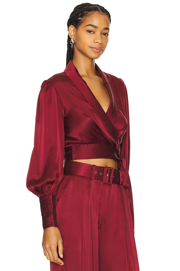 view 2 of 4 Petite Silk Wrap Top in Burgundy