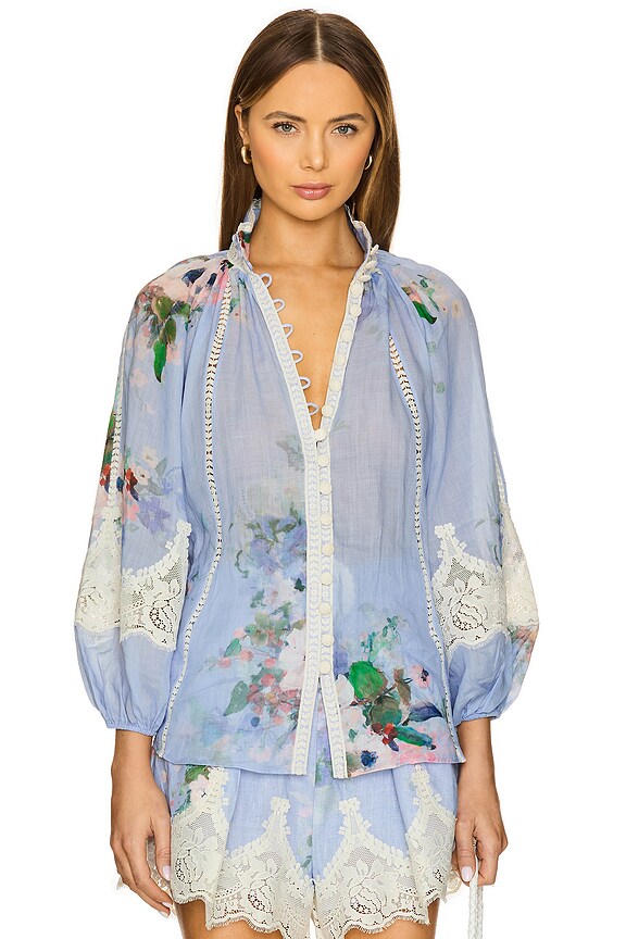view 2 of 6 Everley Lace Trim Blouse in Light Blue Watercolour Floral