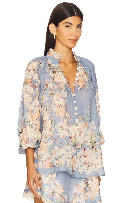 view 2 of 4 Cascadian Billow Blouse in Teal Blue Botanical Floral