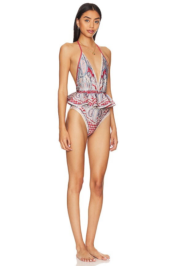 view 2 of 3 Vitali Ruffle Halter One Piece in Indigo & Ruby Paisley