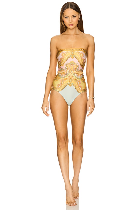 view 1 of 5 Maxine Chain Trim Bandeau One Piece in Gold Paisley