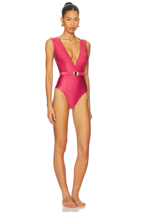 view 2 of 3 Wanderlust Belted Plunge One Piece Swimsuit in Deep Rose