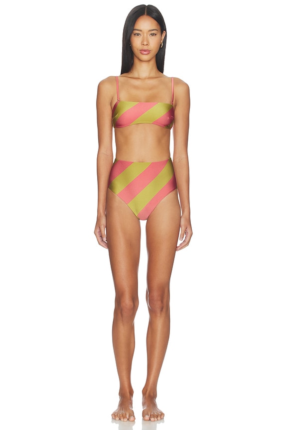 view 2 of 5 Mahon Bandeau Bikini in Chartreuse Pink Stripe