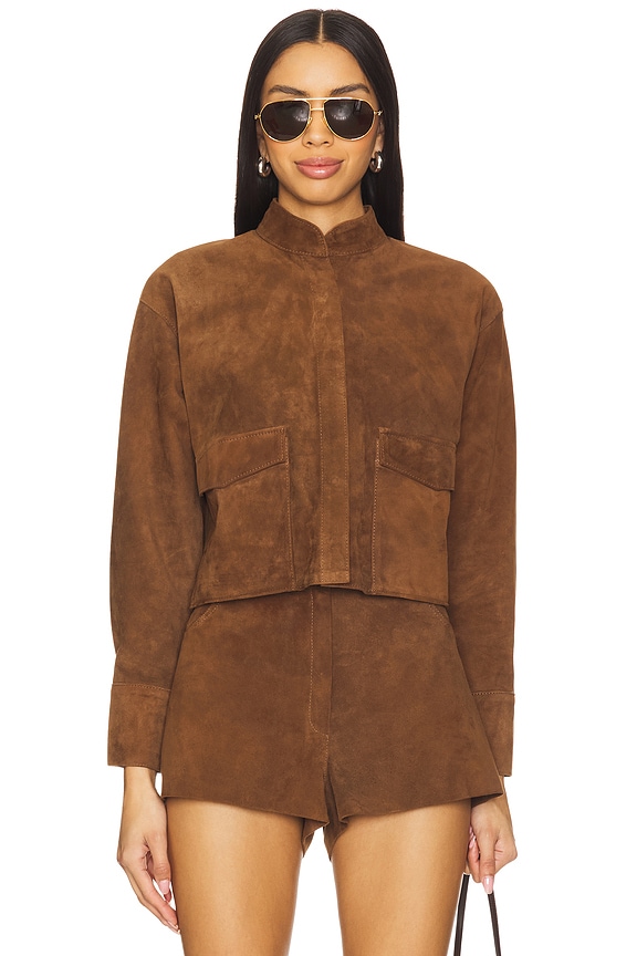 view 2 of 5 クロップドヘアオンカウハイドレザージャケット in Camel Suede