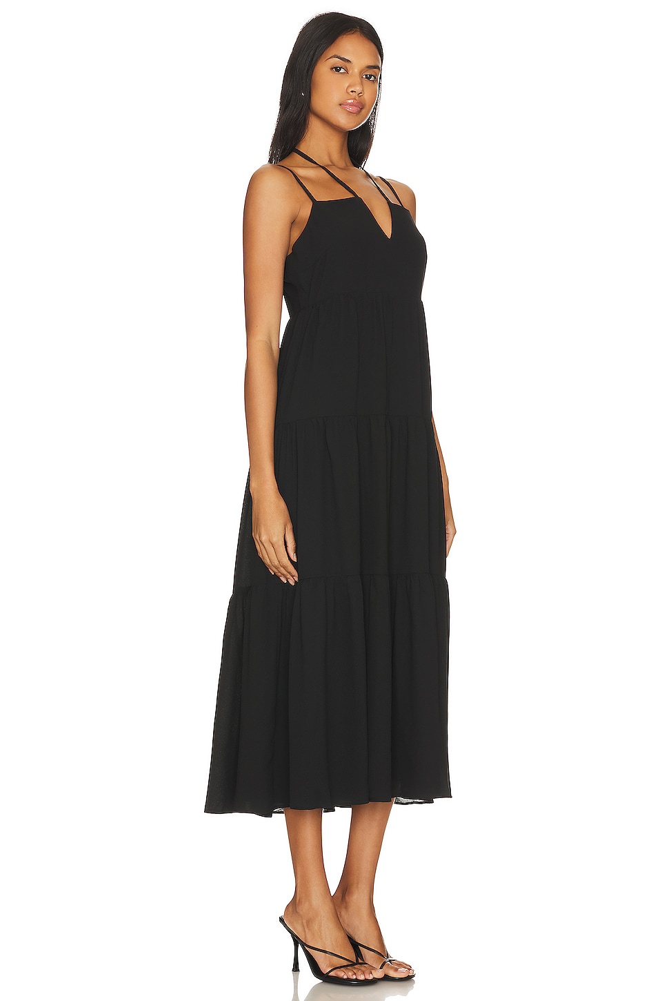 1. STATE Strappy V Neck Midi Dress in Rich Black
