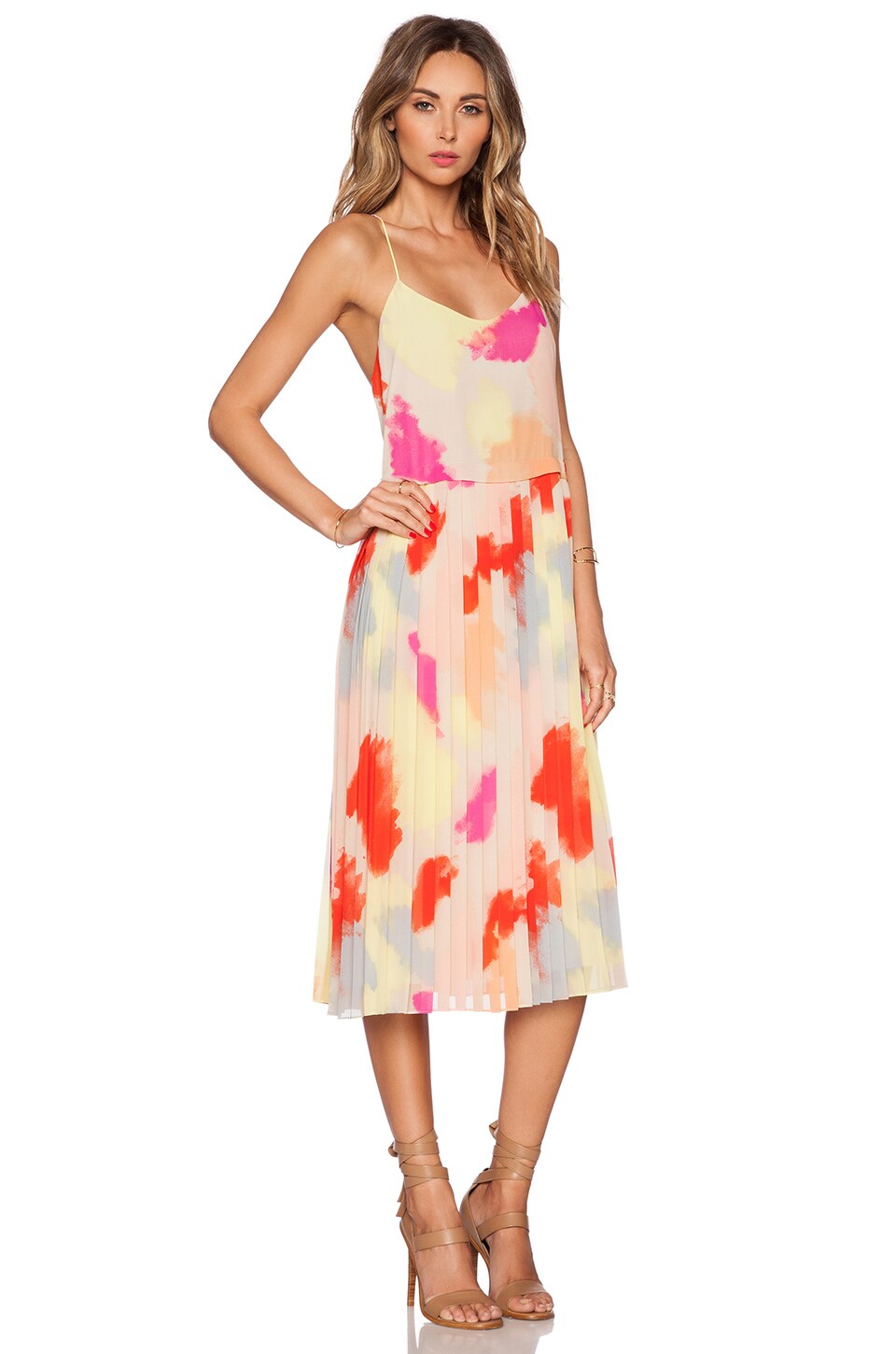 1. STATE Crystal Pleat Midi Dress in Sand
