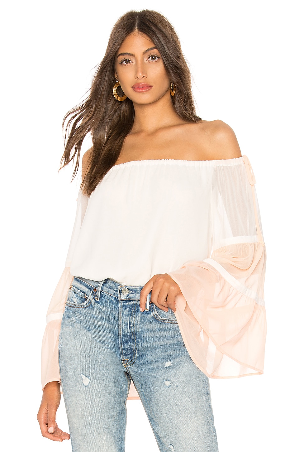 1. STATE Off Shoulder Colorblock Top in Antique White | REVOLVE