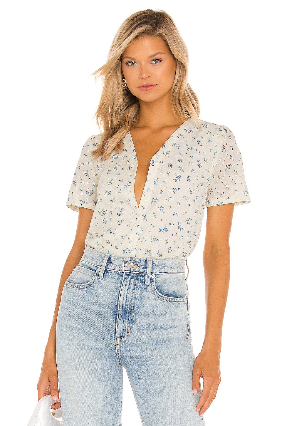 1. STATE Front Button Puff Sleeve Blouse Floral Eyelet