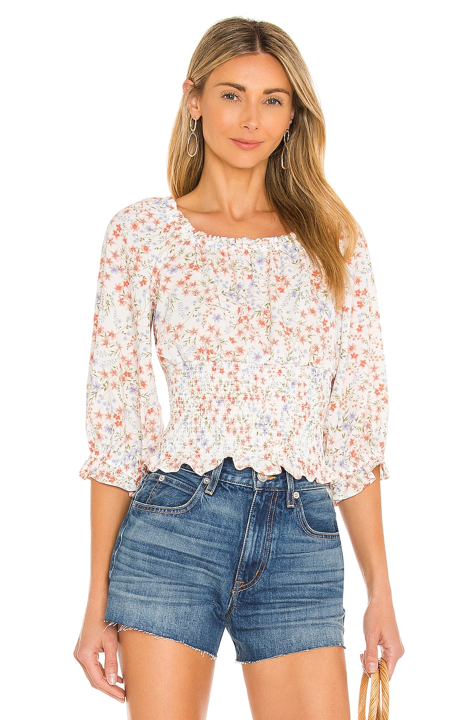 1. STATE Scoop Neck Ruched Blouse Demure Floral
