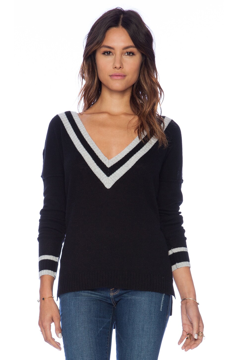 27 miles malibu Claudia Deep V Sweater in Black & Dove | REVOLVE