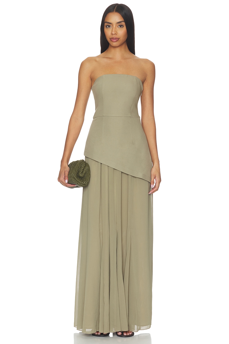 olive green strapless dress Olive Green Strapless Ruched Long Formal Dress with Slit – Modsele main image 1
