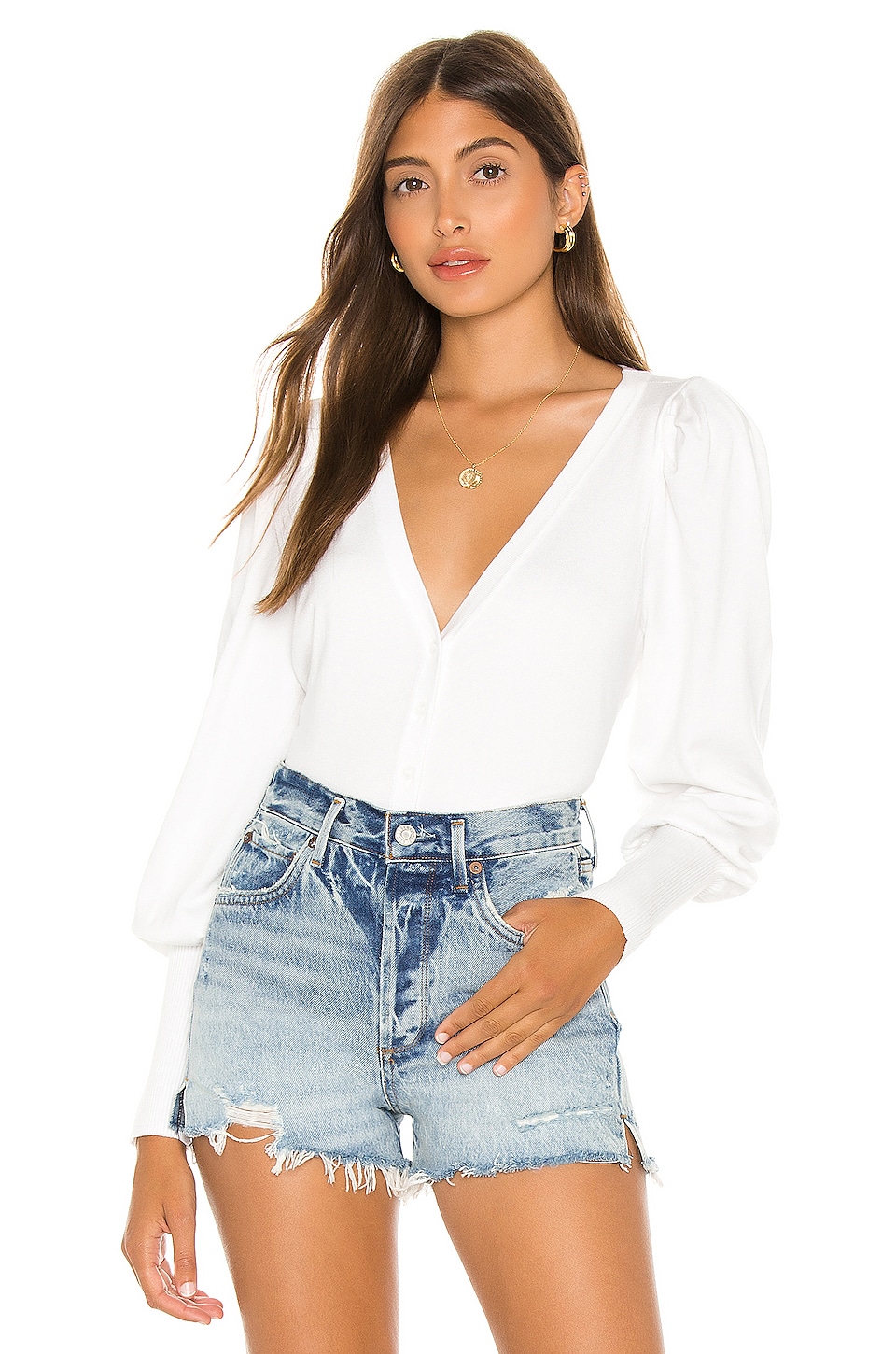 525 America Cropped Cardi With Puff Sleeve In Bleach White