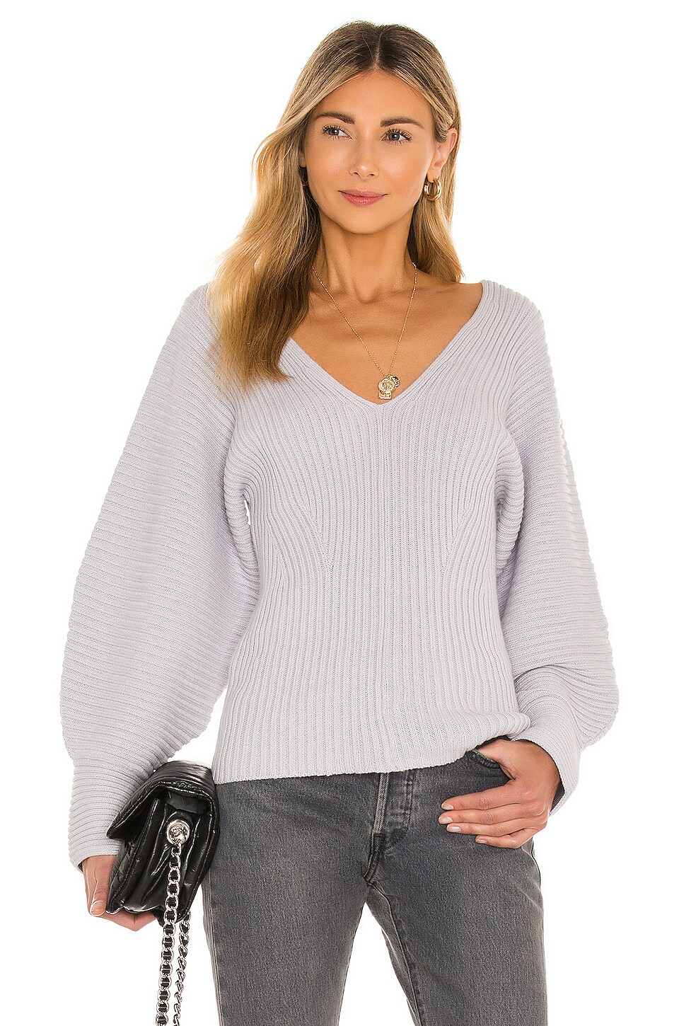 525 Rib Double V Neck Dolman Sweater In Cool Grey