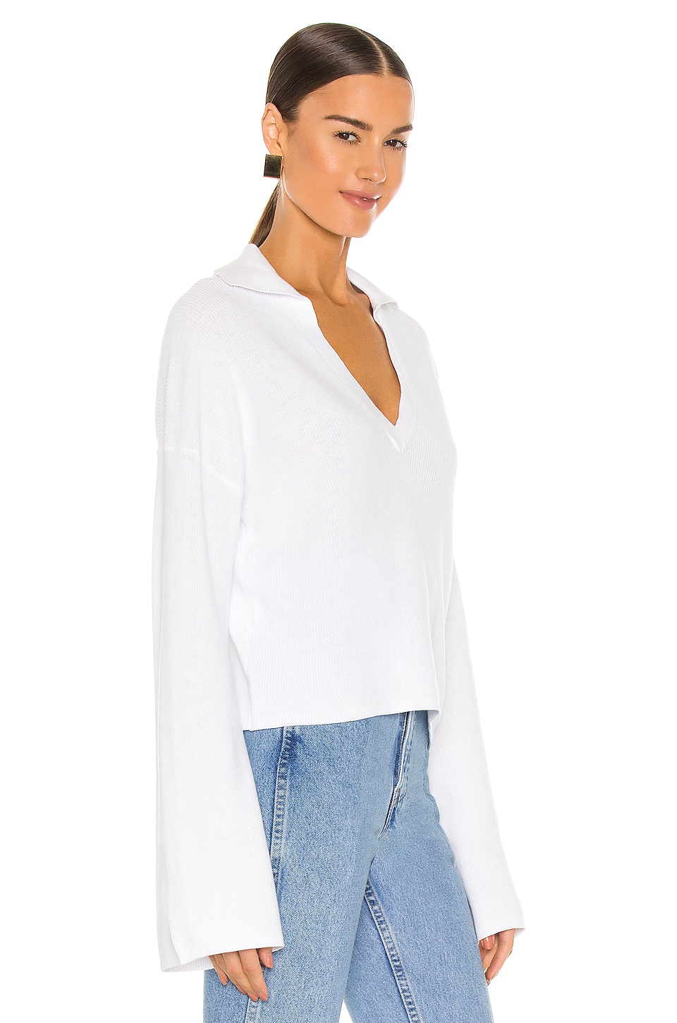 525 Cropped Collared V Neck Sweater in Bleach White | REVOLVE