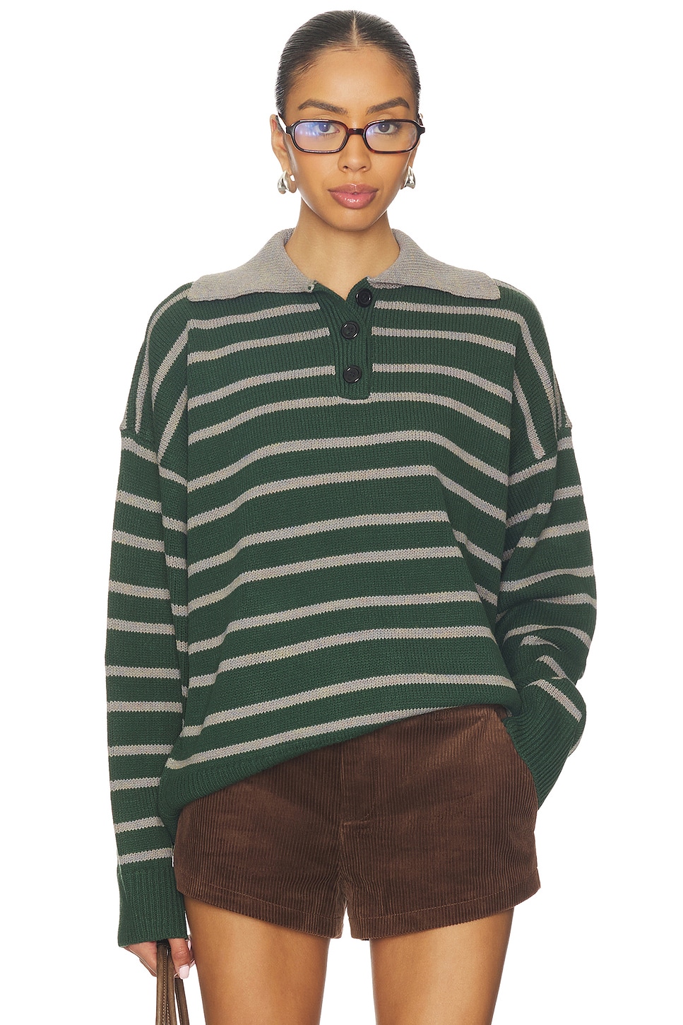 ALL THE WAYS Clydie Polo Sweater in Green Stripe | REVOLVE