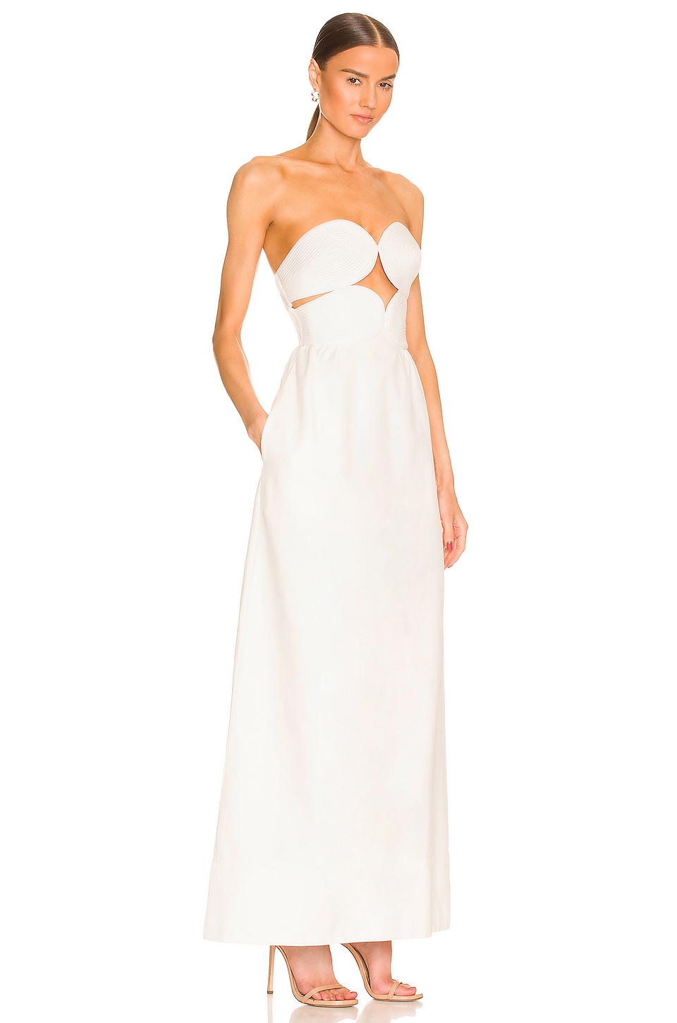 ADRIANA DEGREAS Solid Strapless Matelasse Maxi Dress in Off White