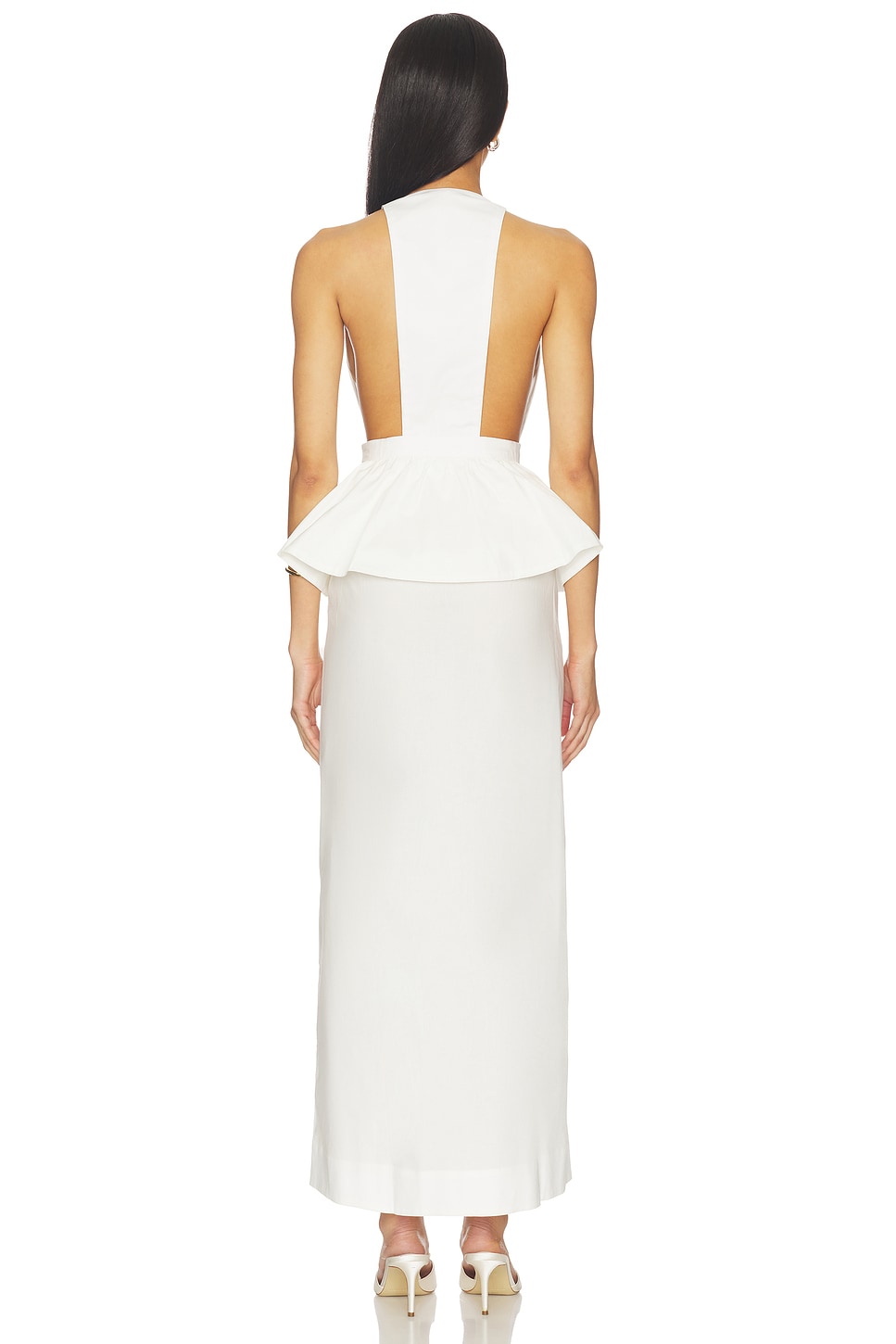 ADRIANA DEGREAS Solid Deep-V Peplum Maxi Dress in Off-white | REVOLVE