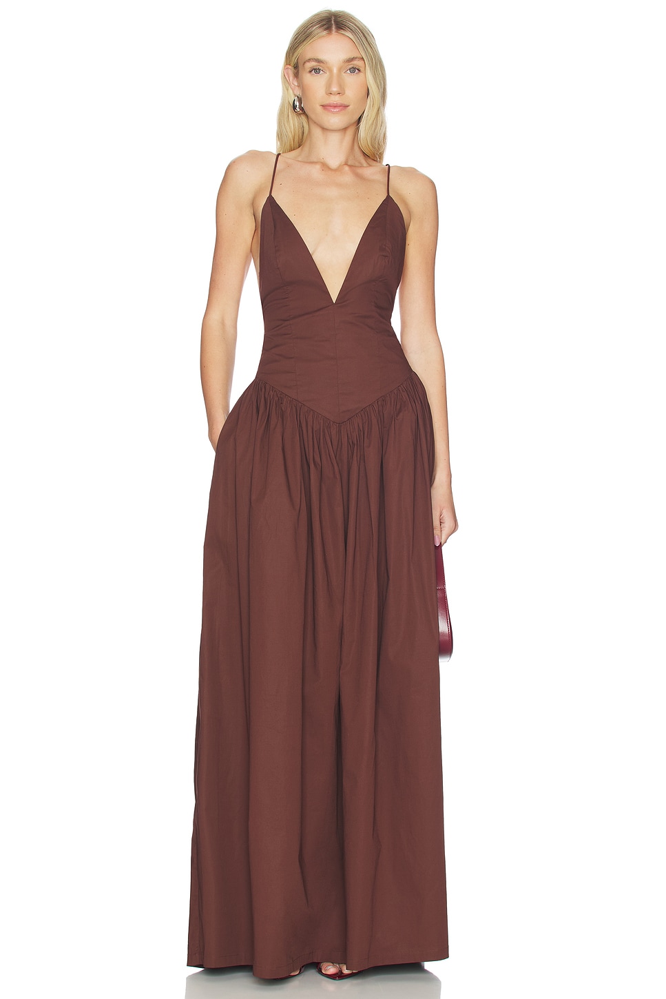ADRIANA DEGREAS Opulence Deep-V Maxi Dress in Brown | REVOLVE
