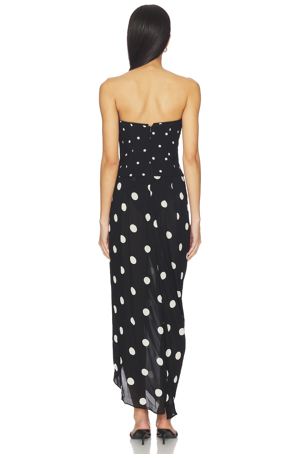 ADRIANA DEGREAS Polka Dot Strapless Midi Dress in Black | REVOLVE