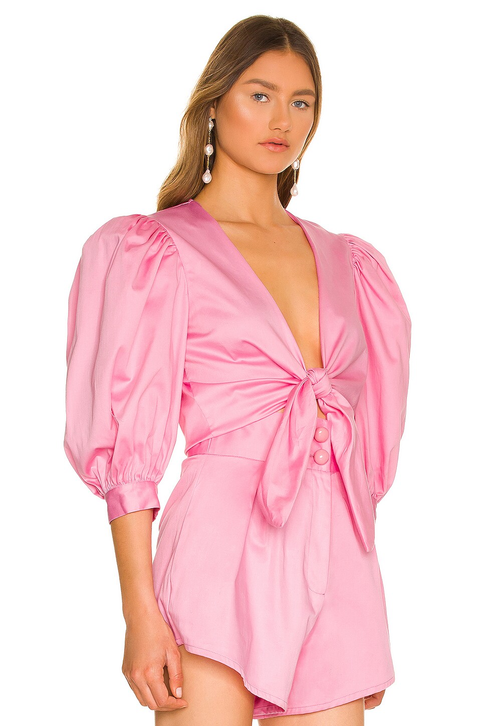 ADRIANA DEGREAS Puff Sleeve Cropped Blouse in Rosa