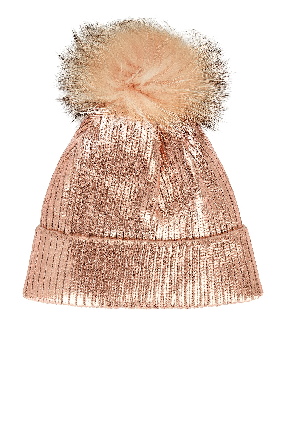 Adrienne Landau Fox Pom Metallic Beanie in Gold