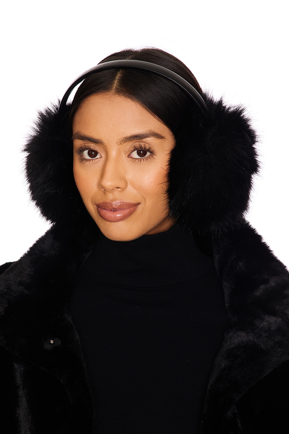 Adrienne Landau The Vee Faux Fur Earmuff in Jet Black | REVOLVE