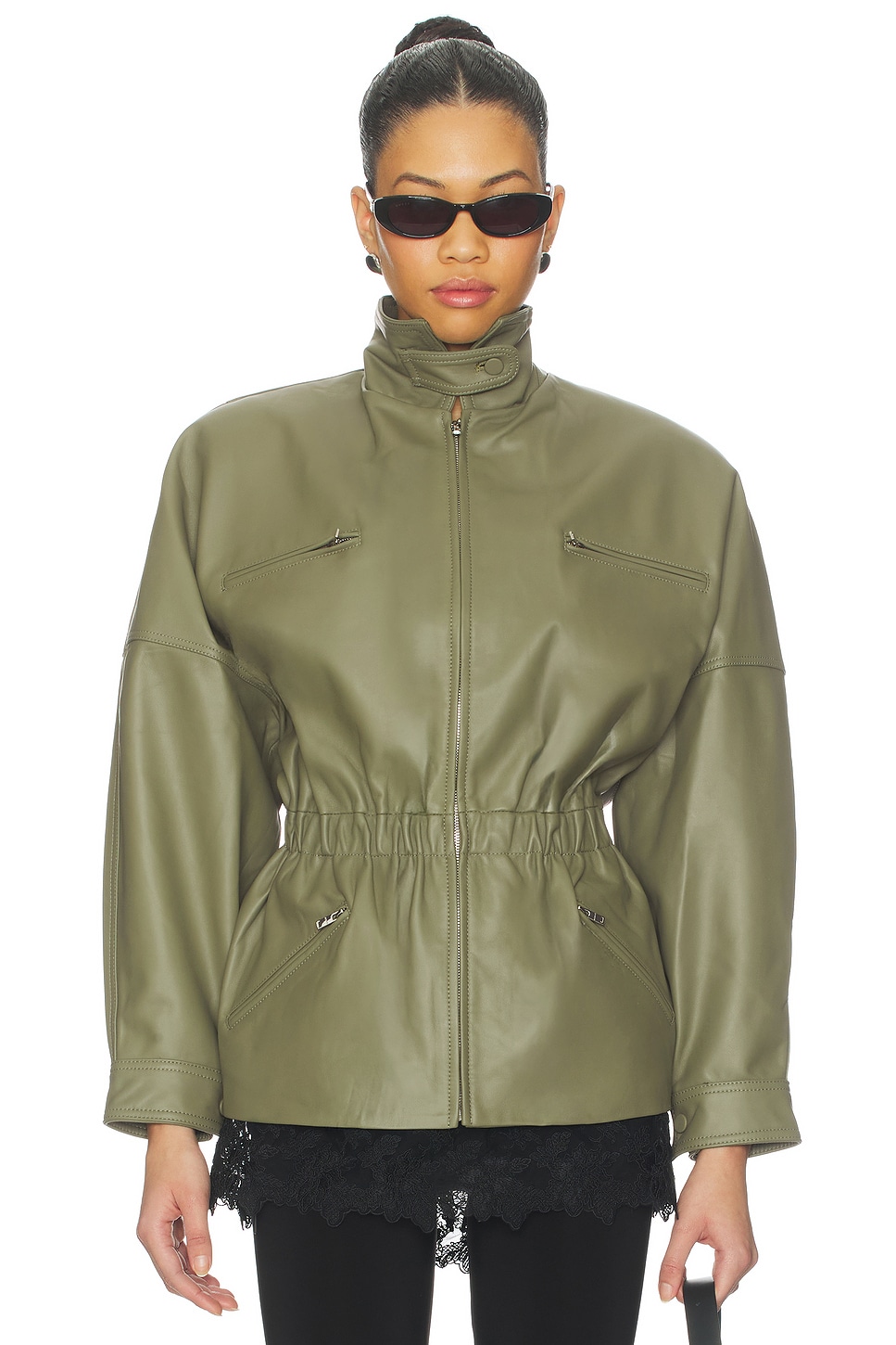 EKAM エカムオリーブグリーン レザージャケット AEXAE Leather Cinched Mid Jacket in Olive Green | REVOLVE