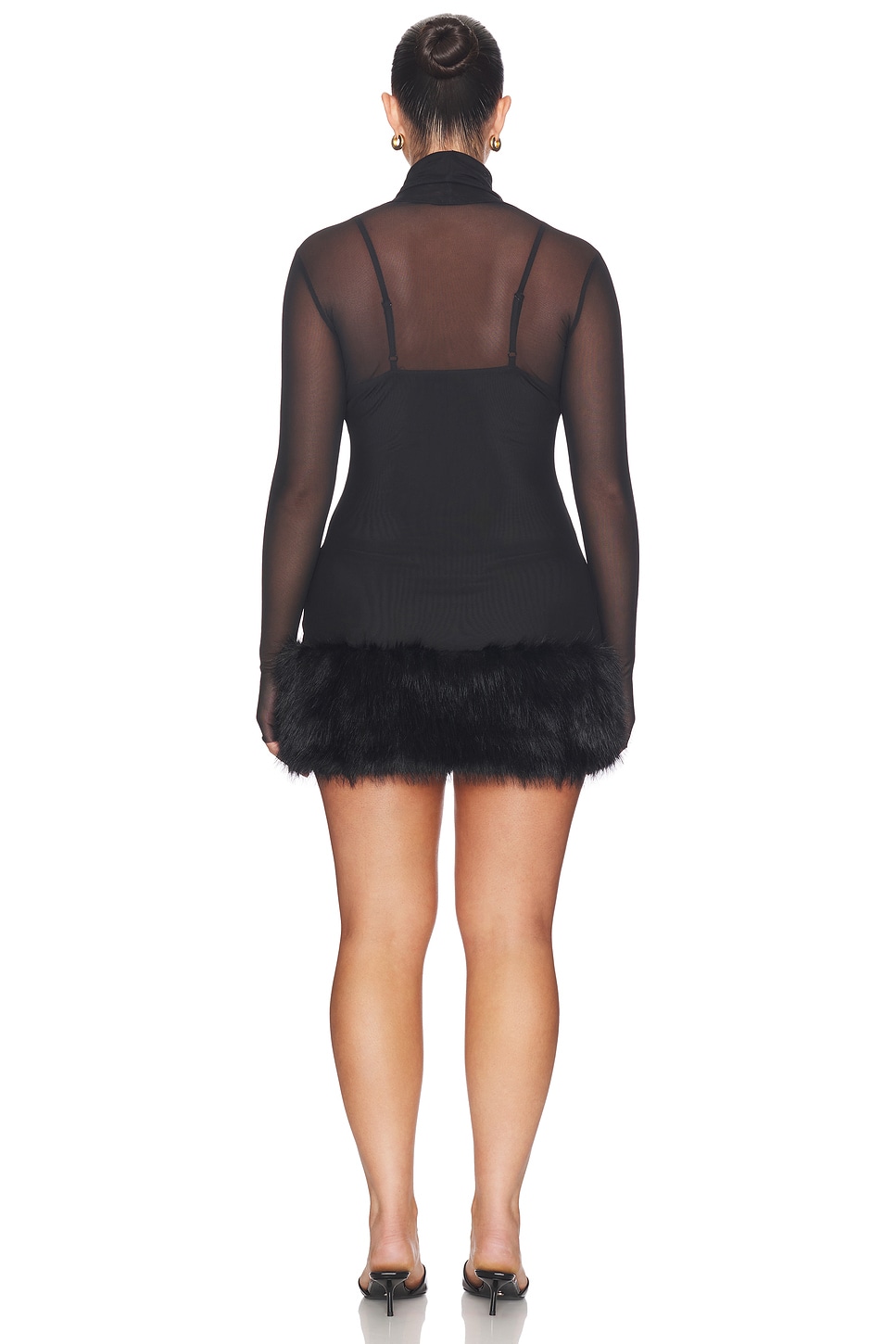 afrm sheer long sleeve lace mini dress in black AFRM Ekko Rhinestone Sheer Mesh High Neck Long Sleeve Mini Dress