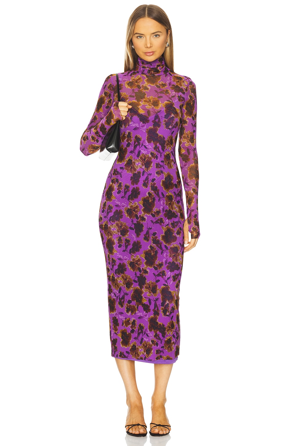 afrm long sleeve mock neck printed midi dress AFRM Shailene long sleeve turtleneck mesh midi dress in ornate purple