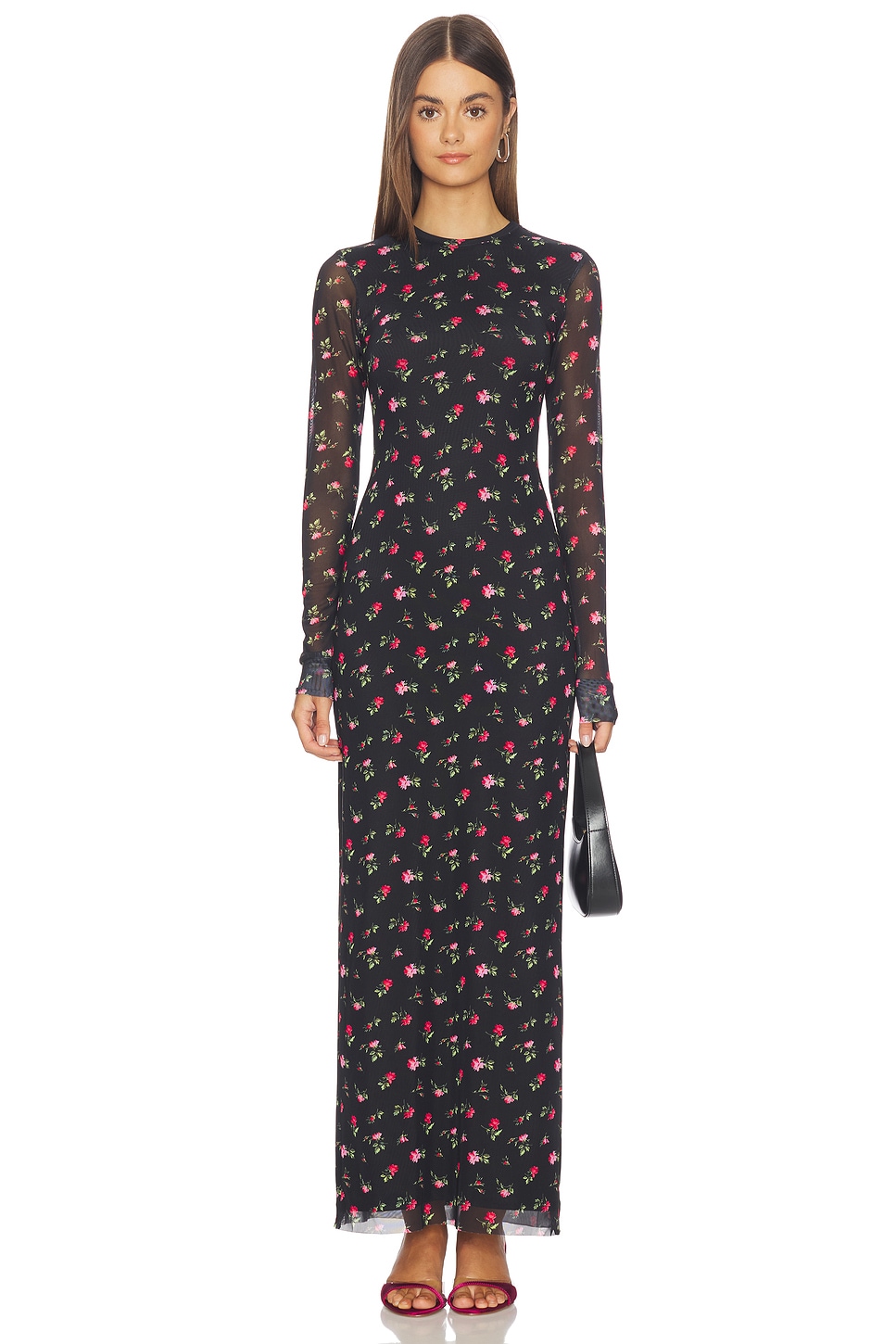 afrm didi floral maxi dress AFRM Didi Floral Print Crew Neckline Long Sleeve Mesh Maxi Dress