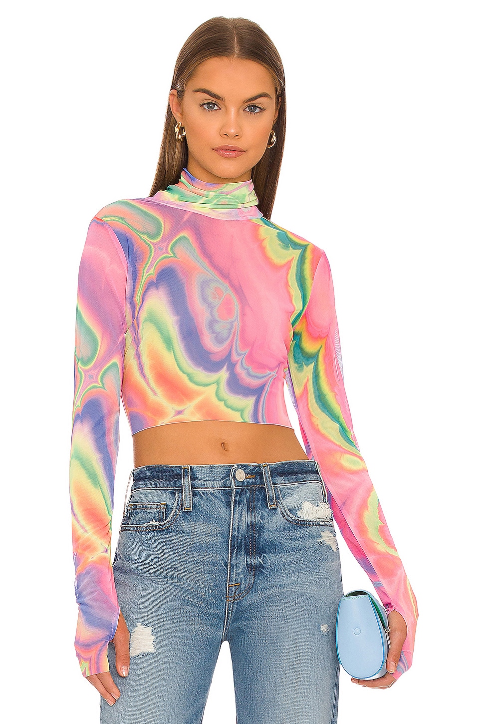 AFRM Micaela Mesh Turtleneck Top in Abstract Multi Marble | REVOLVE