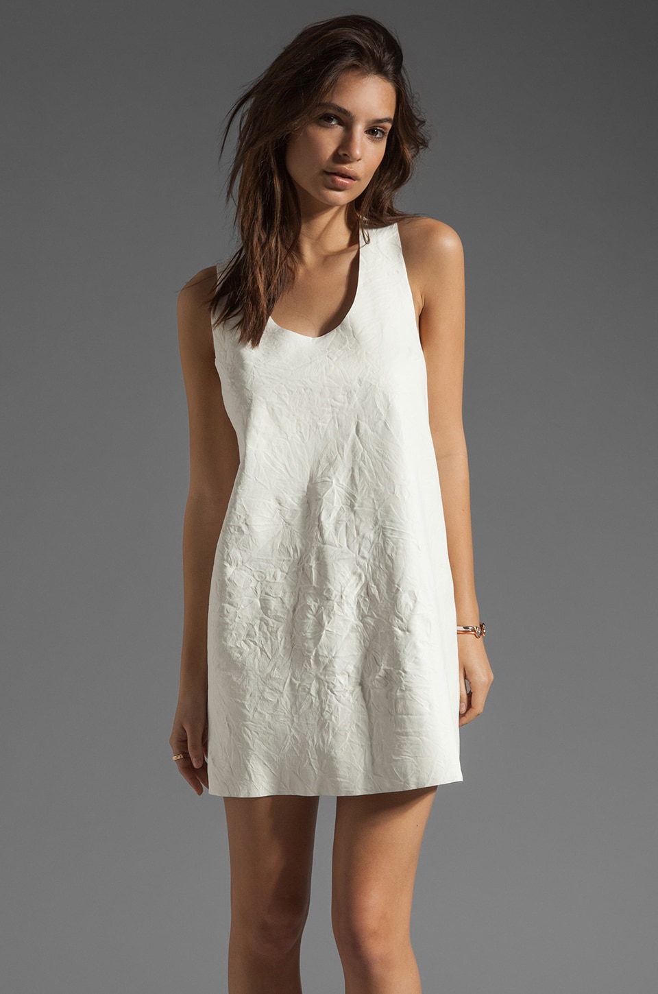 AGAIN Afterword Racer Back Lambskin Leather Dress in Crinkle White