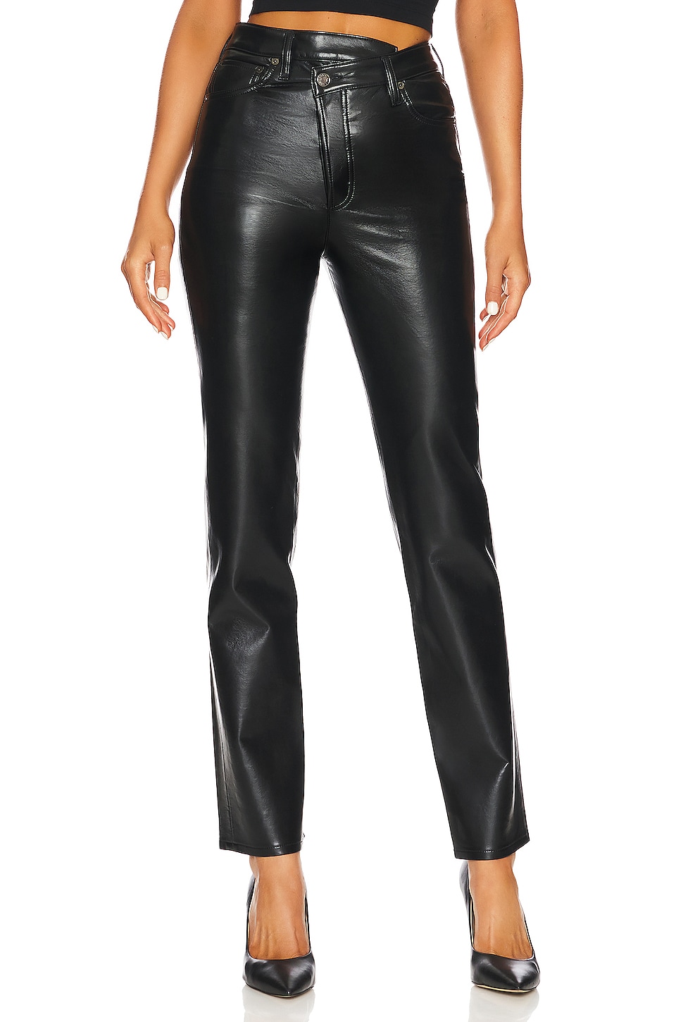 Recycled Leather Criss Cross Straight in Black FWRD Women Clothing Pants Leather Pants 