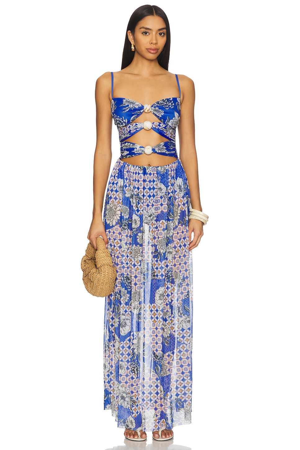 agua bendita blue and white dress Agua by Agua Bendita Women's Floral Tiered Maxi Dress Blue White Linen Size  S