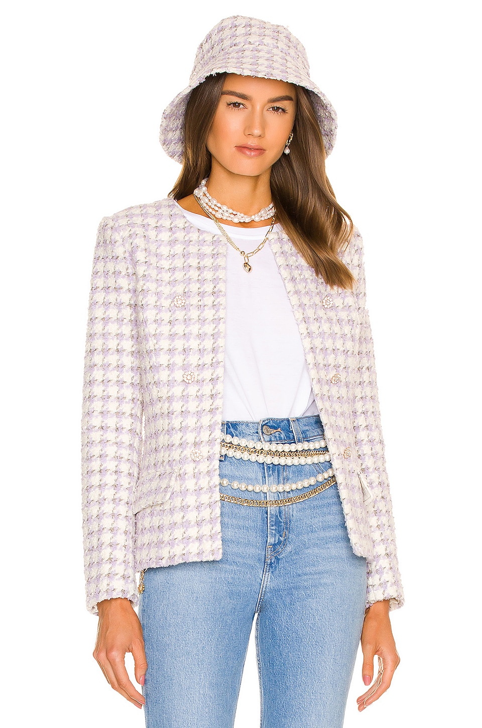 Astr The Label Lyssa Tweed Cropped Jacket Blue Taupe Silver / L