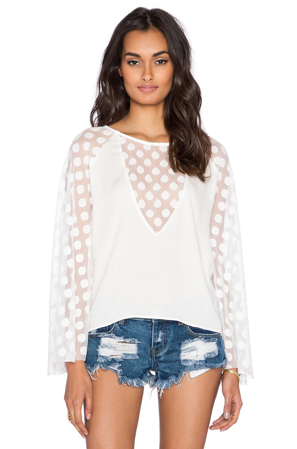 Aila Blue Plumeria Blouse in White Polka Dot Mesh
