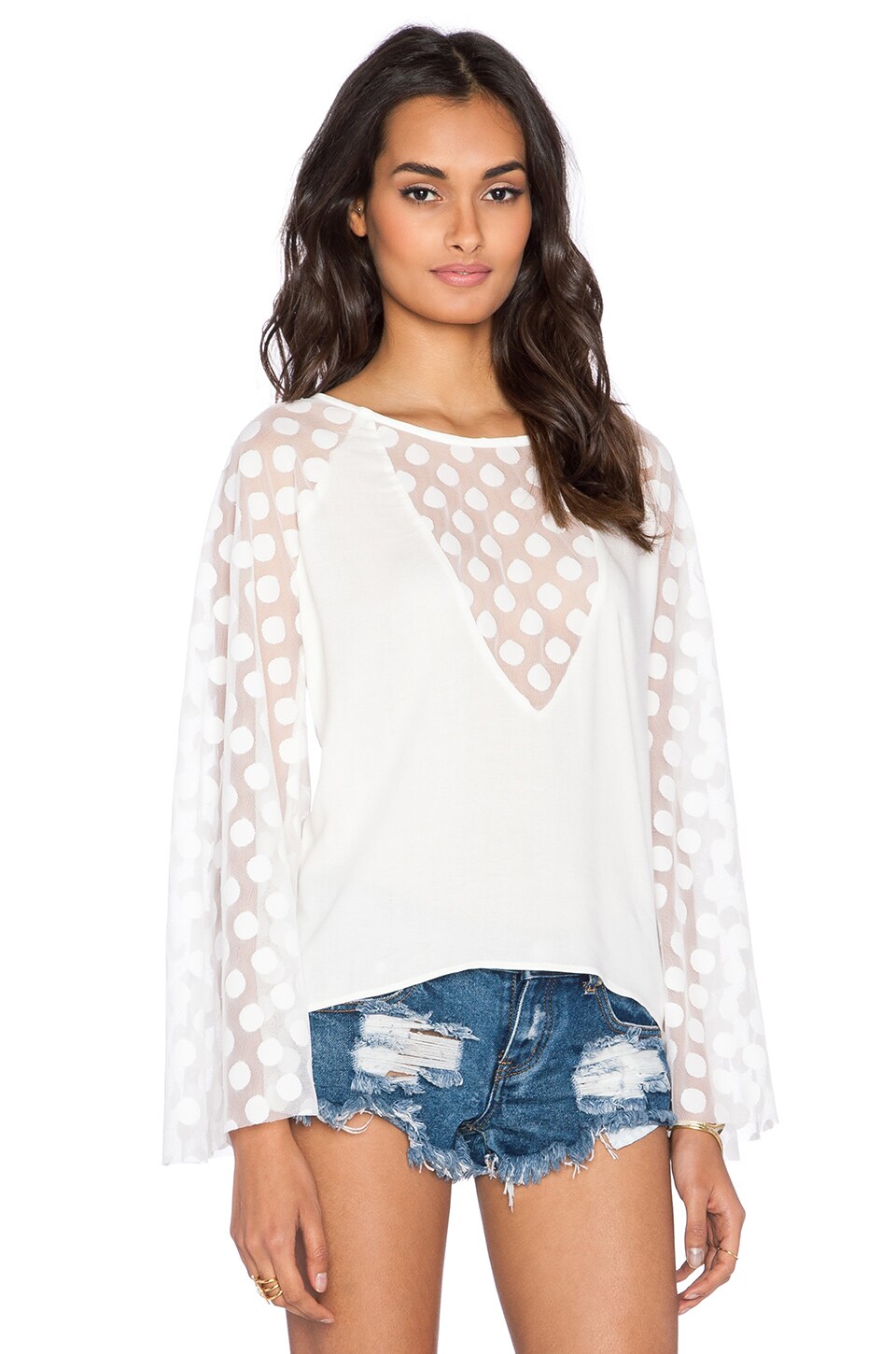 Aila Blue Plumeria Blouse in White Polka Dot Mesh
