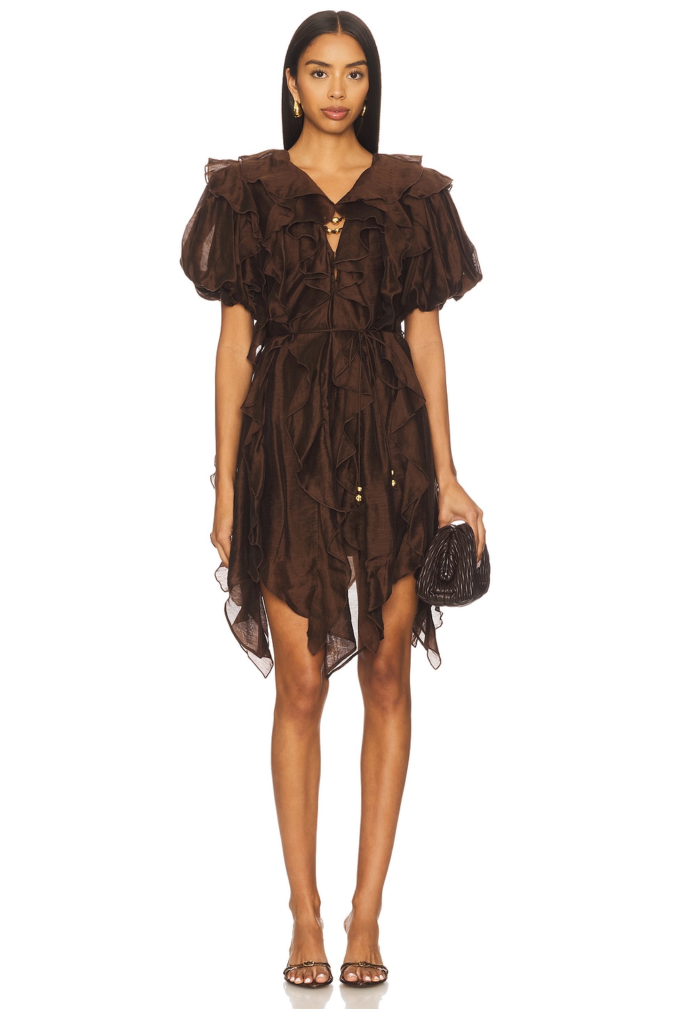 aje brown ruffle dress Rhythmic Frilled Mini Dress Brown | AJE main image 1