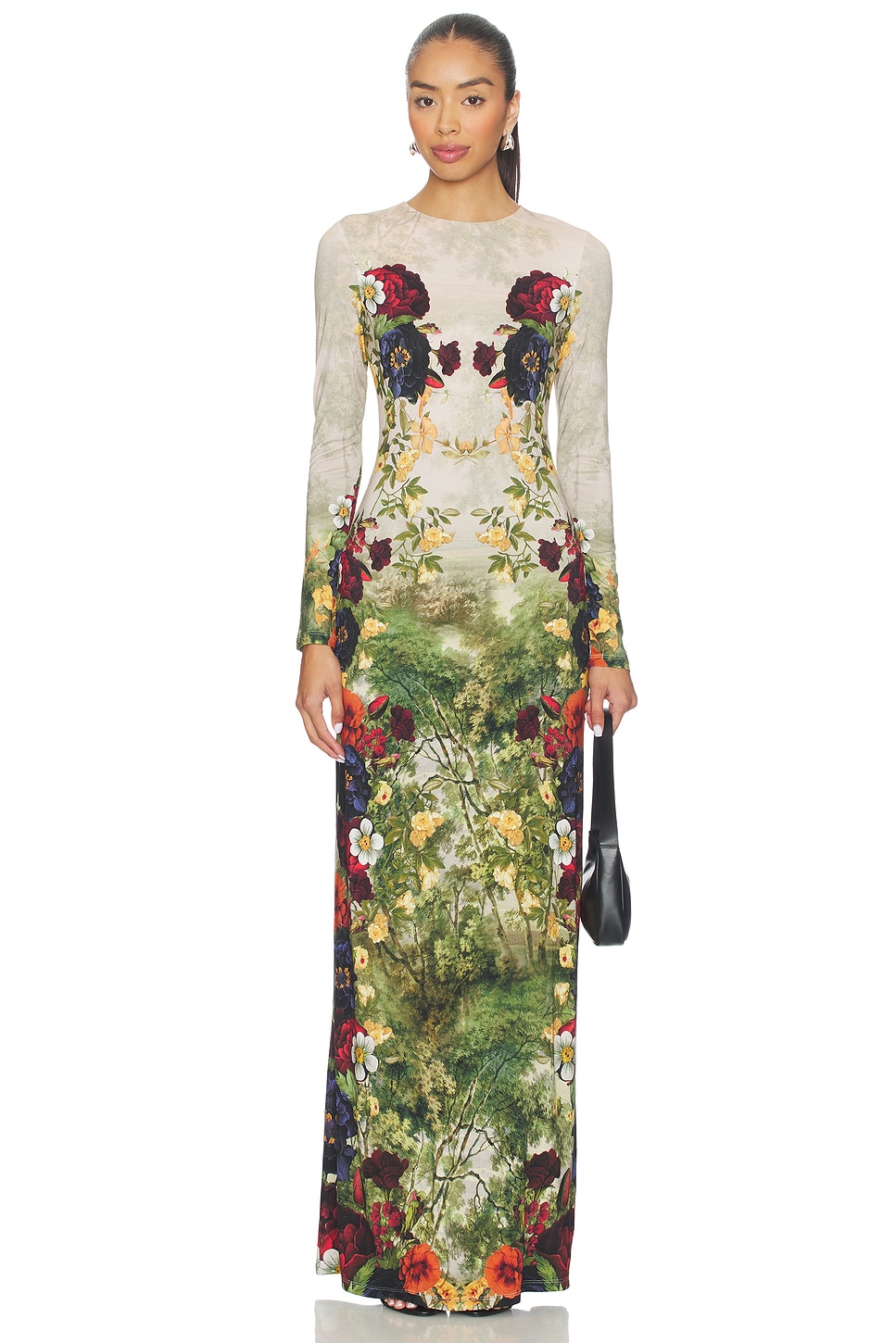 Alice + Olivia Delora Long Sleeve Crew Neck Maxi Dress in Forbidden Forest  | REVOLVE