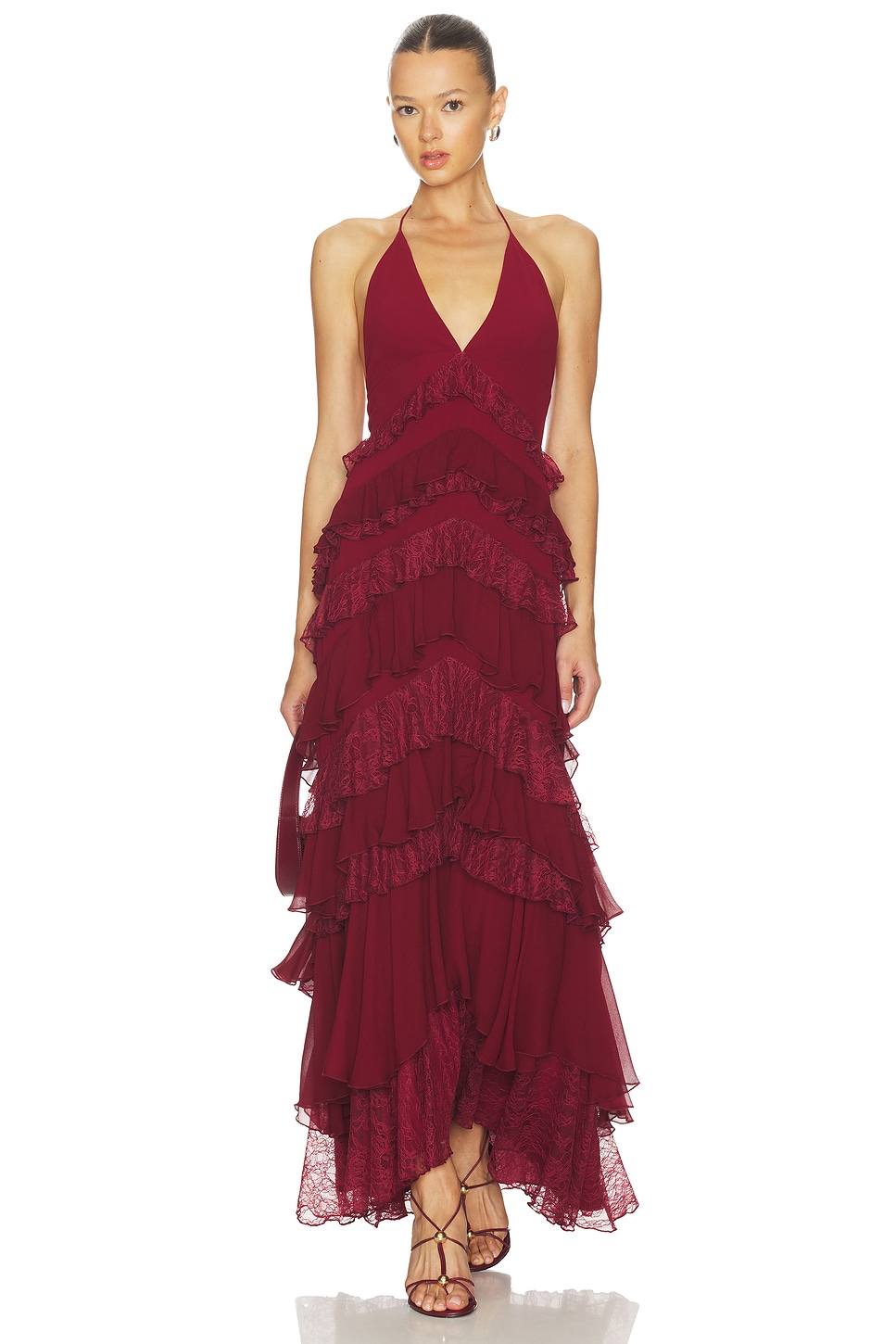 Alice + Olivia Liana Ruffle Maxi Dress in Oxblood | REVOLVE
